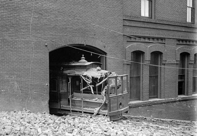 Cable Car 155 Damaged by 1906 Earthquake at Washington and Mason Car House and Powerhouse | April 18, 1906