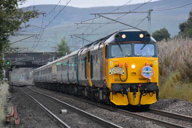 The locomotives of the Class 50 Alliance in action approaching the famous Beattock summit south of Edinburgh on Saturday 16th September 2023