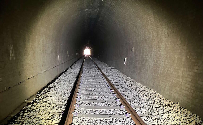 A view through Dinmore railway tunnel showing the new track