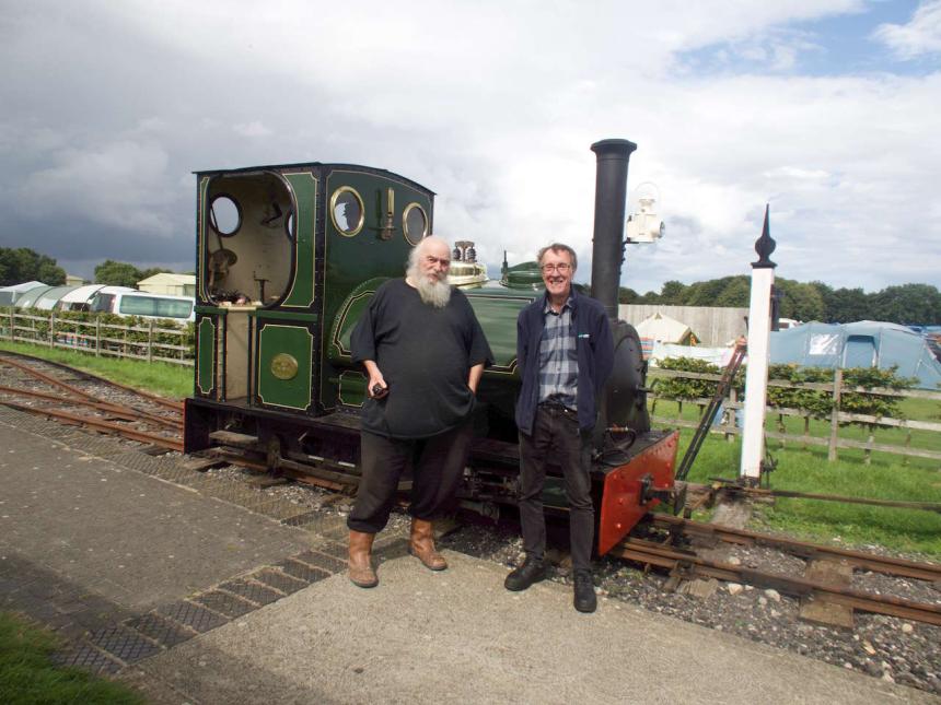 Together again – Graham Morris (left) with LCLR Historic Vehicles Trust Chairman Richard Shepherd, beside Jurassic on the Lincolnshire Coast Light Railway.