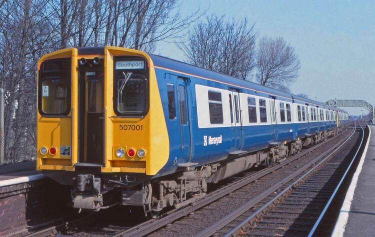507001 as part of a 6-car formation at Ainsdale station on 21st March 1979, working a Liverpool to Southport service