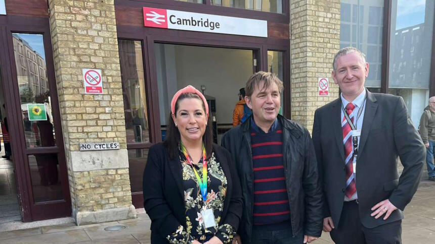 Arriving at Cambridge station. From left to right - Katie Frost, Network Rail Anglia route director; Dr Nik Johnson, Mayor of Cambridgeshire and Peterborough; Thomas Shannon, Network Rail Anglia route operations manager