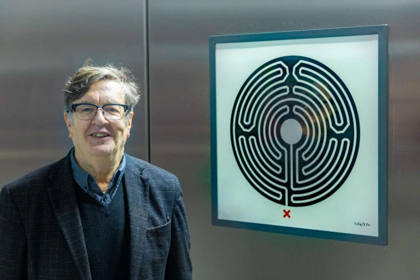 Artist Mark Wallinger and the new Labyrinth artwork at Battersea Power Station Tube station