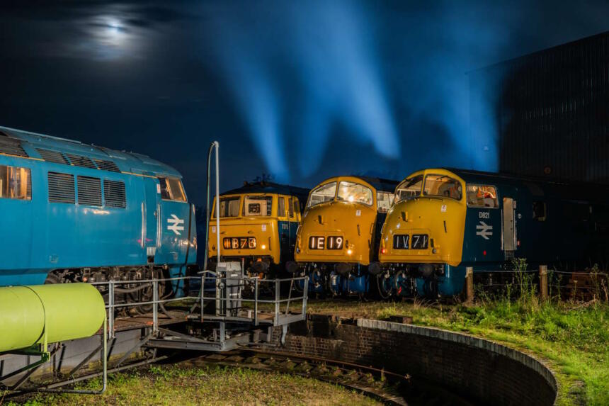 A diesel hydraulic nightshoot took place at the Severn Valley Railway on Kidderminster depot to recreate a 1970/1980 Old Oak Common scene with Westerns, Warships and Hymeks.