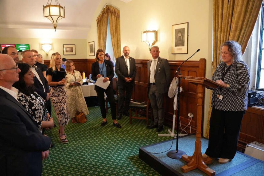 TfW Customer Operations Director Lisa Cleminson speaking at an event in Westminster to launch the Boys need Bins campaign by Prostate Cancer UK