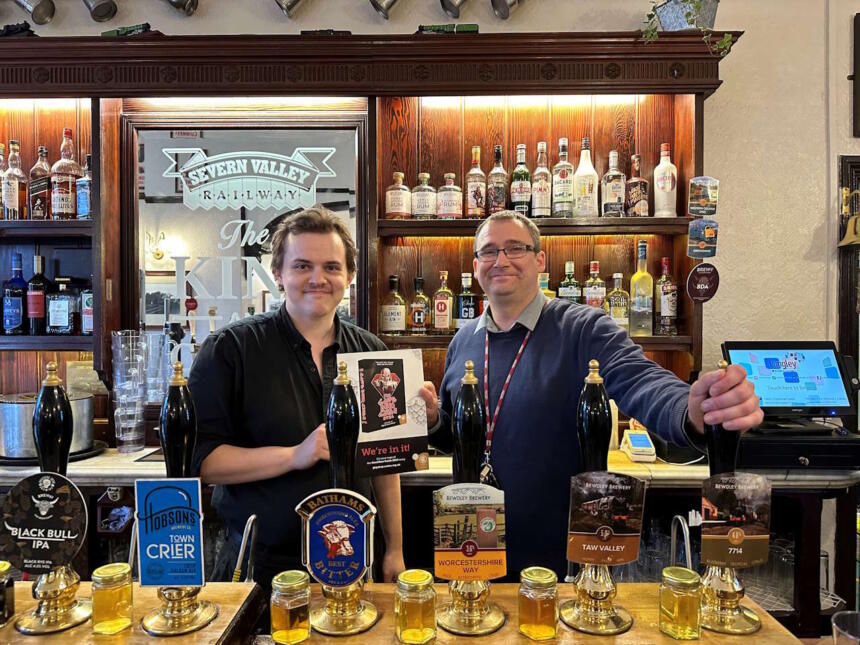 Louis Chance and Paul Corner behind the bar of the King & Castle, Kidderminster