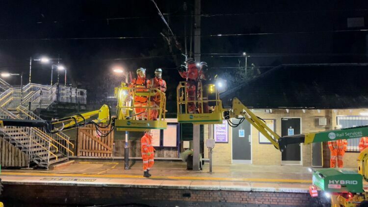 Network Rail engineers working on the overhead line equipment at Royston // Credit: Network Rail