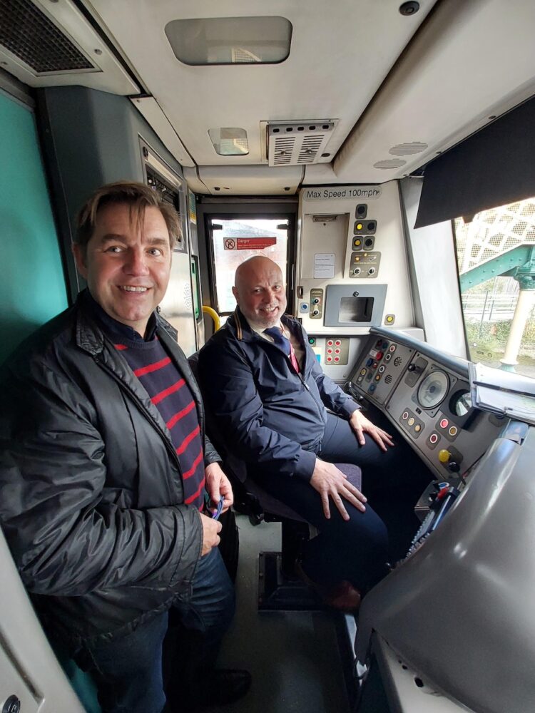 Nik Johnson (left), Mayor of Cambridgeshire and Peterborough, on a CrossCountry train cab ride // Credit: Network Rail