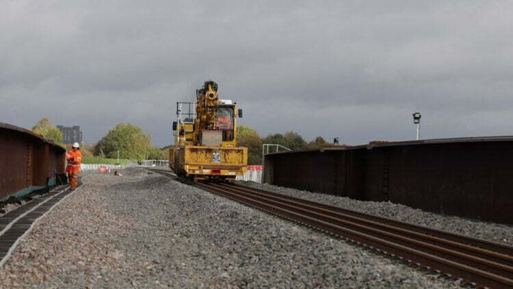 Track being relaid over Aylesbury railway bridge October 2023