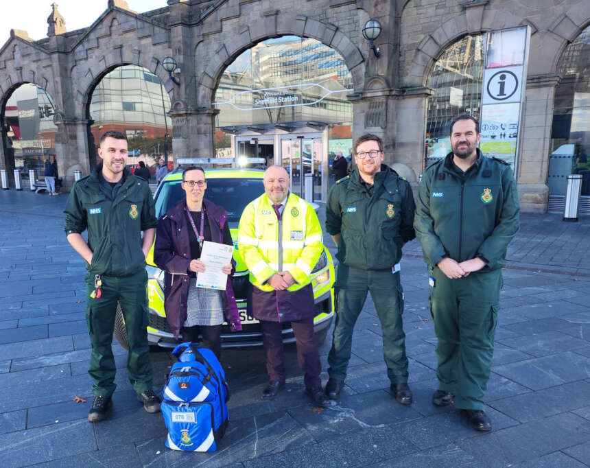 Jono Milnes (Consultant Paramedic - South Yorkshire), Esther Steele (Sheffield Station Duty Manager), Brian Fairhirst (Station Customer Service Supervisor and long-standing CFR), James Marshall (Community Defibrillation Trainer) and Warren Bostock (Community Defibrillation Officer)