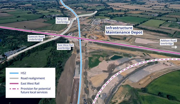Annotated image showing key structures at the interface between EWR and HS2 at Calvert. // Credit: HS2