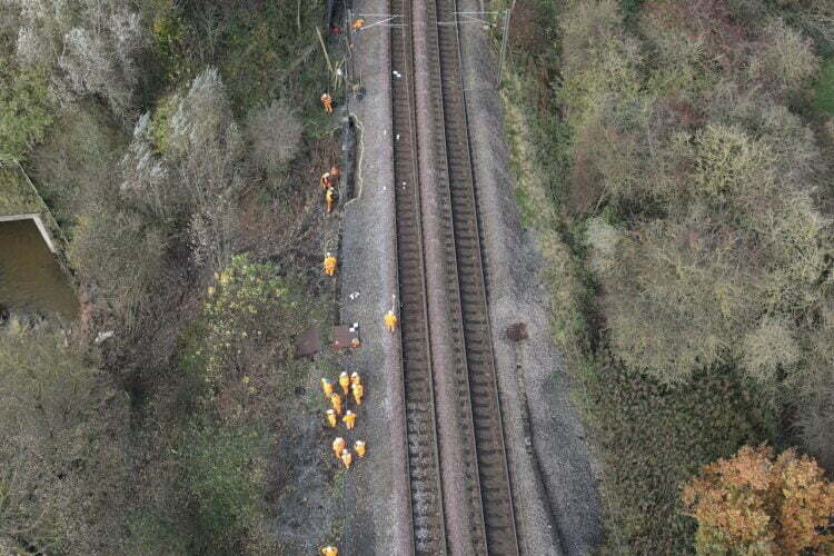 Engineers at the site of the Aycliffe landslip // Credit: Network Rail