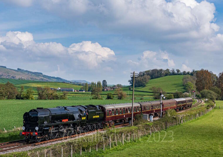34027 Taw Valley approaches Williton, West Somerset Railway