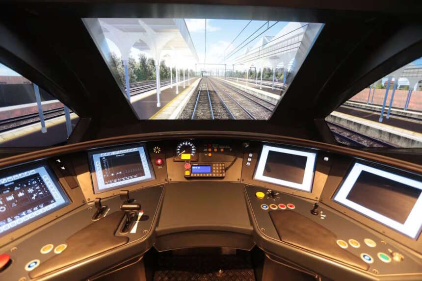 The cab simulator of the Stadler train used on London-Norwich, Stansted Express and regional routes.