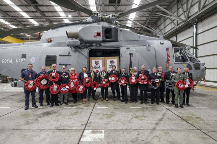 Captain of RNAS Culdrose, Captain Stuart Irwin RN, Cornwall MP Derek Thomas, The Mayors of Penzance and Helston and representatives from the NHS and Great Western Railway with their poppies, ready to be sent to the Citadel in Plymouth.
