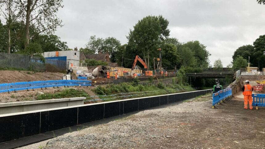 Work underway at Pineapple Road railway station on the Camp Hill line.