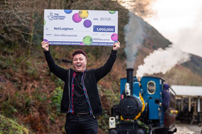 Neil Leighton celebrates his 1M National Lottery win at the Talyllyn Railway
