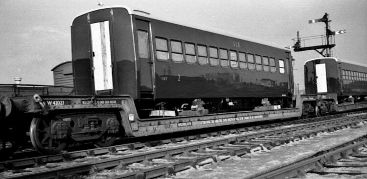 Carriage No. 1107, one of the same batch as Carriage No. 1066, on its way for export to Sierra Leone soon after leaving the works of Gloucester Railway Carriage and Wagon Company in March 1962. // Credit: Roger Smith