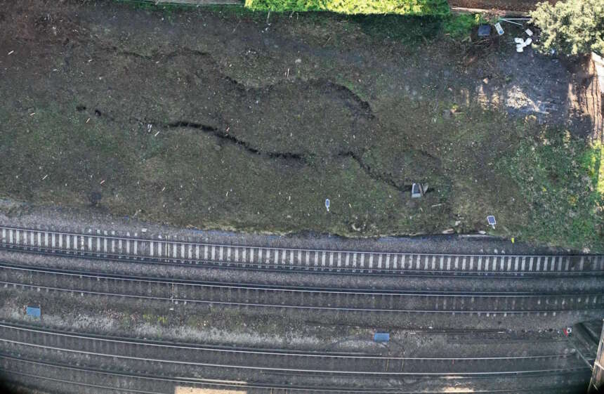 An aerial image showing the cracks in the cutting