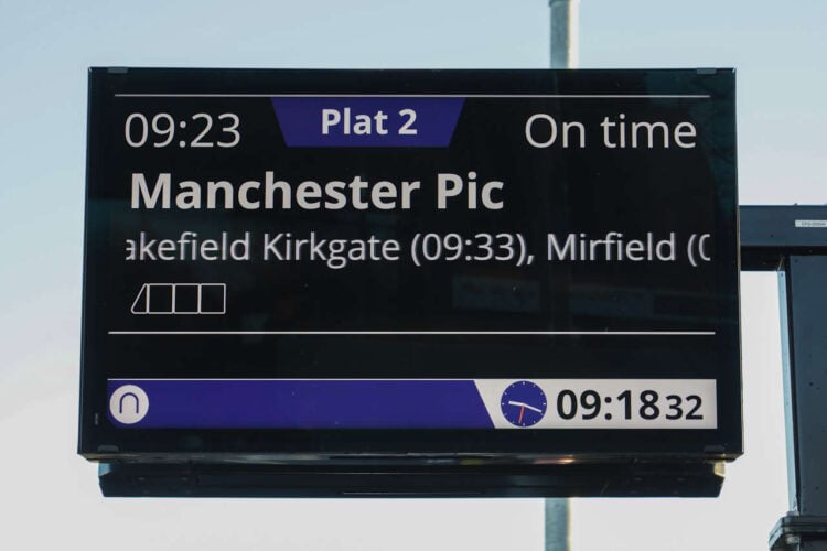 Customer Information Screen on the new platform 2 at Castleford announces the new train service. // Credit: Network Rail