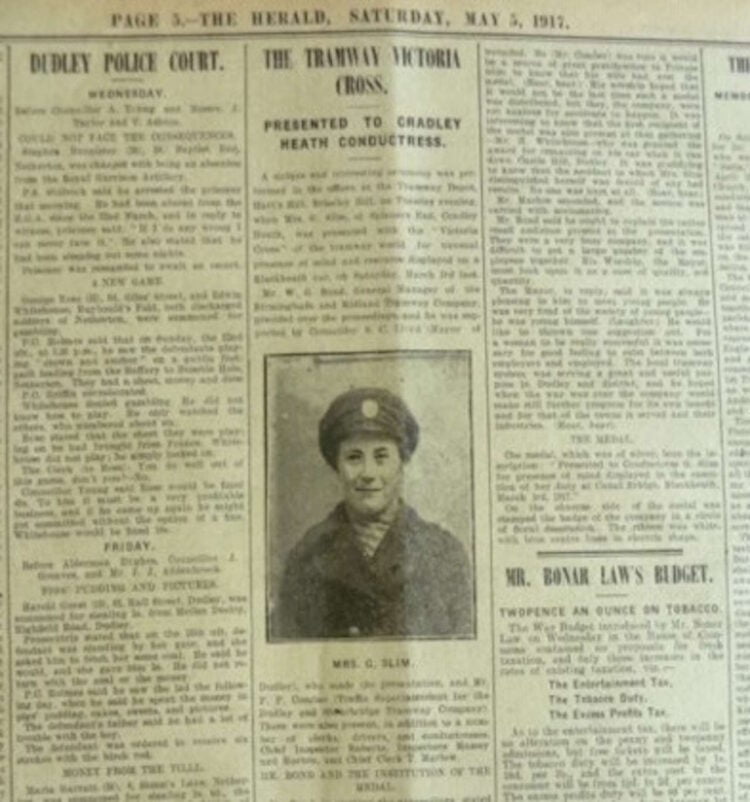 An article in The Herald newspaper, May 1917, regarding the bravery medal awarded to tram conductress Gertrude Slim. // Credit: Crich Tramway Village