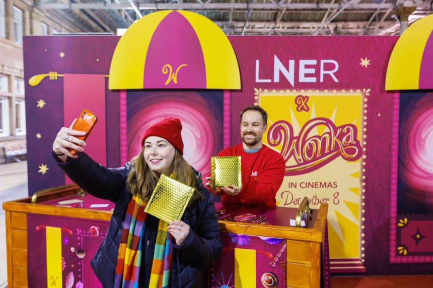 Travellers sent tasty treats to loved ones at the LNER Sharing Station this morning, launched in celebration of the release of Wonka, in cinemas December 8