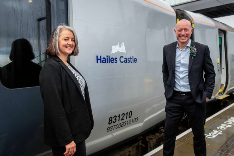 Rachel Sydeserff, Historic Environment Scotland's District Visitor and Community Manager and Chris Jackson, Managing Director of TPE with the 'Hailes Castle' train