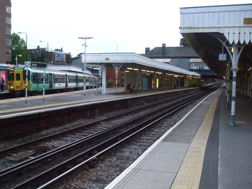 Sutton railway station looking west from platform 1. A Class 455 unit can be seen on platform 4 awaiting return to London