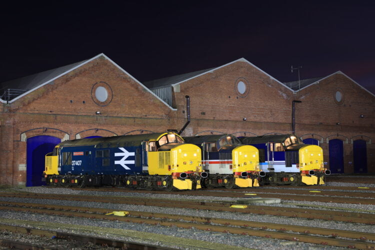 Three Class 37 locos lined up at Holgate Engineering Works, Chris Gee Network Rail