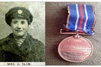 Gertrude Slim in her tram conductress uniform, and the bravery medal she received in 1917