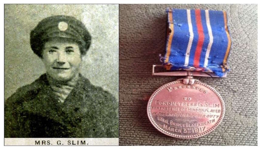 Gertrude Slim in her tram conductress uniform, and the bravery medal she received in 1917