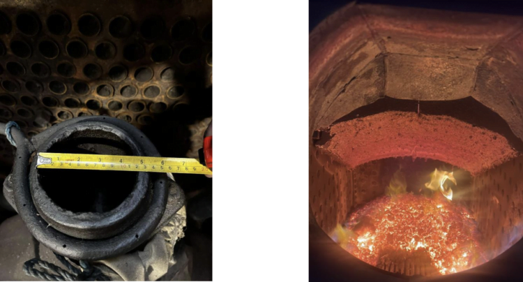 Left: The Bluebell railway Adams Radial blast pipe cap was measured to compare to 563's. Right: The new baffle plate seen inside the firehole door, as can be seen in the photo the brick arch is glowing hotter, thanks to the modifications listed in this T3 Times.