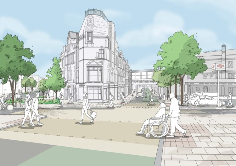 Artists impression showing the proposed developments at Shrewsbury Station. This picture looks north up Castle Street with the station on the right. There are trees in the proposed green spaces and people walking cycling and a wheelchair used crossing the road. 