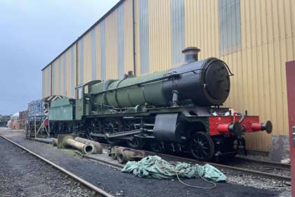 6880 'Betton Grange' at Tyseley Locomotive Works, between coats of paint.