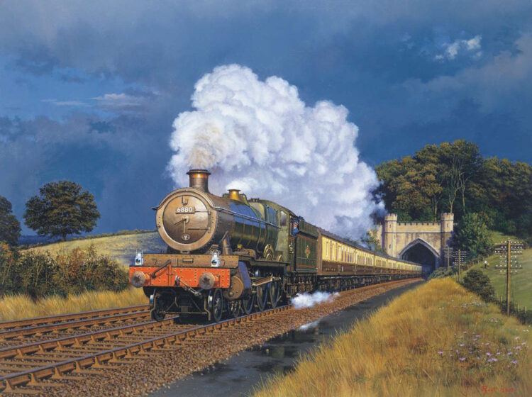 6880 Betton Grange emerging from Tweronton Tunnel in Bath. From a painting by Malcolm Root GRA. // Credit: Ian Crowder