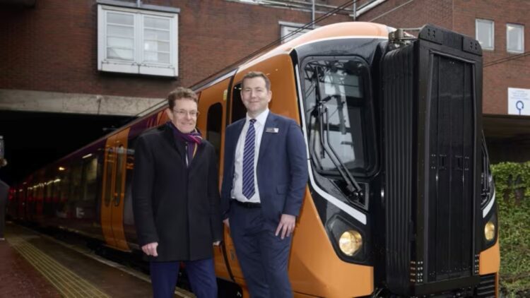 Mayor of the West Midlands Andy Street and West Midlands Railway managing director Ian McConnell, with a new 730 EMU at Walsall