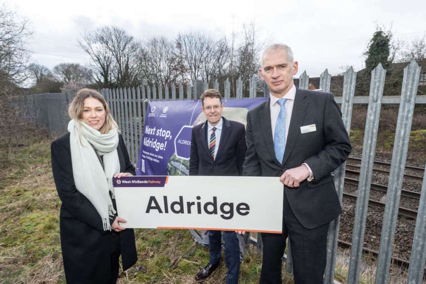 Kate Trevorrow, TfWM rail delivery director, Andy Street Mayor of the West Midlands and Rob McIntosh, managing director for Network Rail's North West and Central Region at Aldridge station site