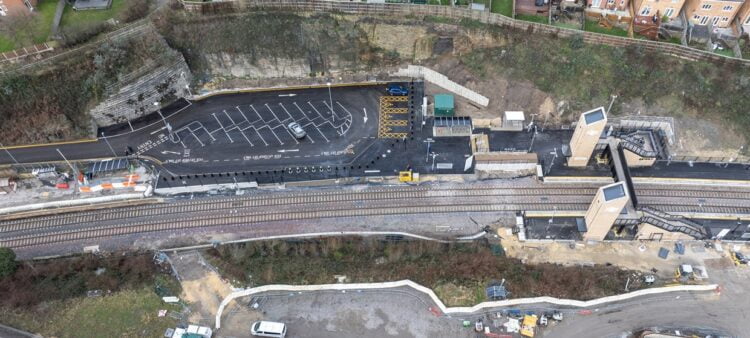 Overhead view showing Morley railway station and carpark.