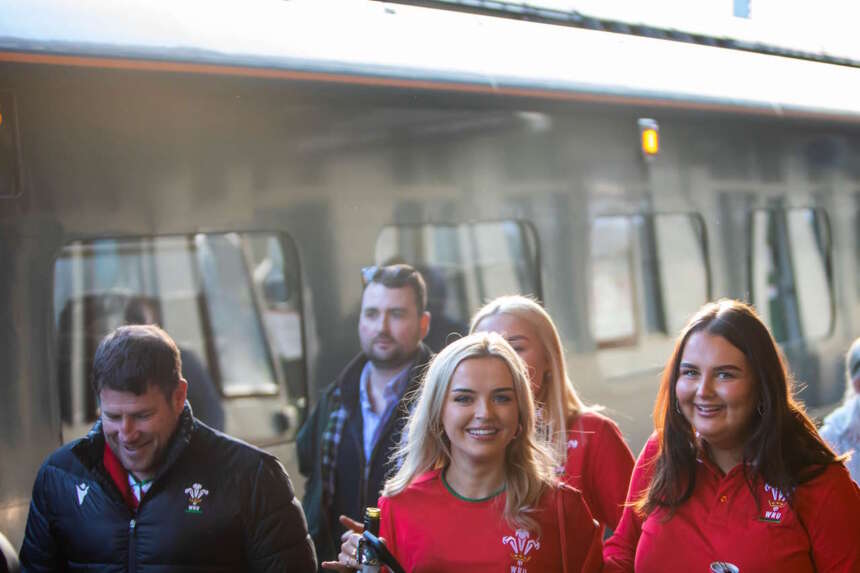 Rugby fans arriving at Cardiff Central Railway Station before Wales v England Six Nations match .25/02/2023