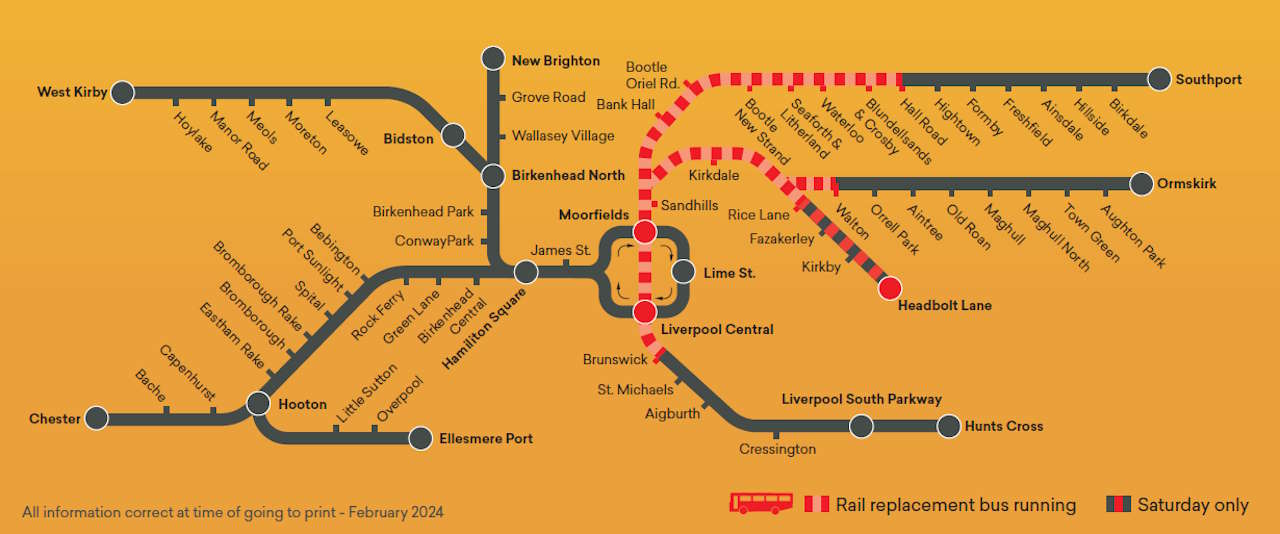 Liverpool train map, showing lines affetced by Disruption 2nd and 3rd March 2024