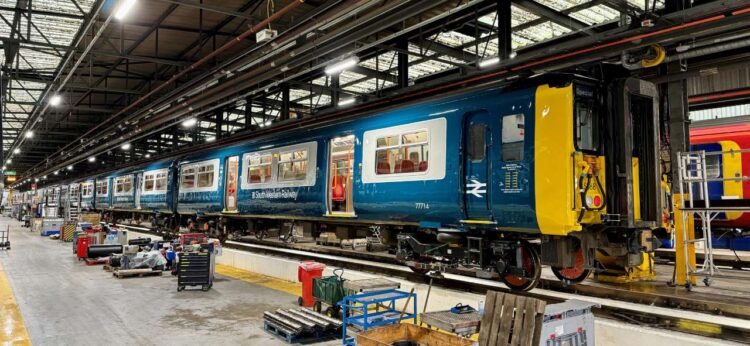 455-868 in British Rail livery inside Bournemouth Depot
