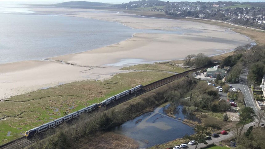 Aerial view of the derailed train. // Credit: Network Rail