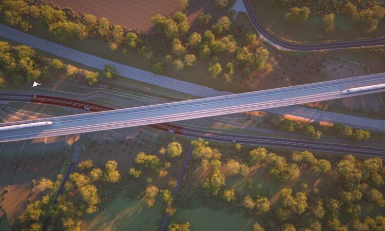 Artist impression of HS2 Small Dean Viaduct from above crossing A413 and Chiltern rail line - HS2 Ltd