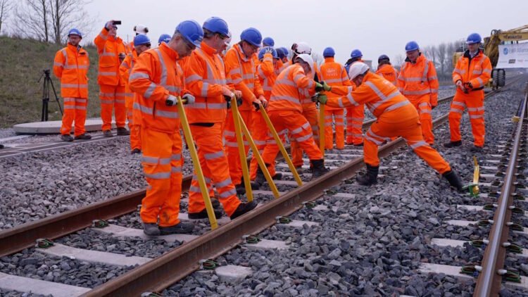Installing the last section of rail. // Credit: Network Rail