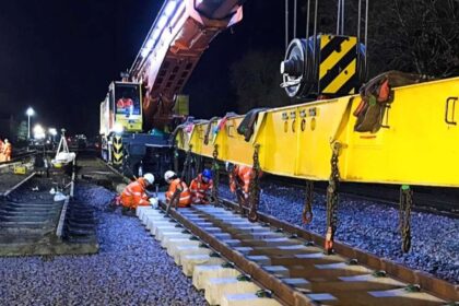 Library image of Network Rail engineers positioning section of railway track landscape_cropped (3)