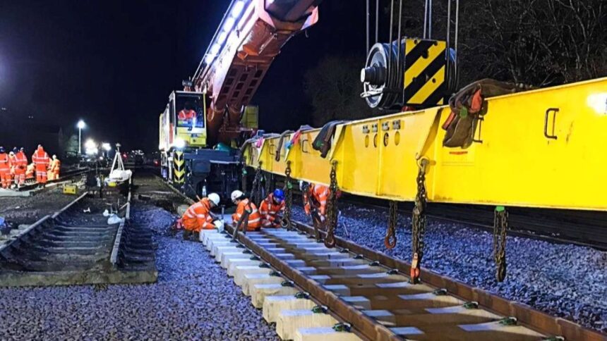 Library image of Network Rail engineers positioning section of railway track landscape_cropped (3)