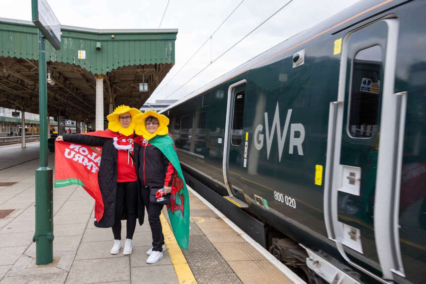 Rugby fans arriving at Cardiff Central Railway Station before Wales v England Six Nations match