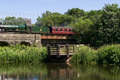 Steam train on the High Woodhill Mill Viaduct, East Lancashire Railway