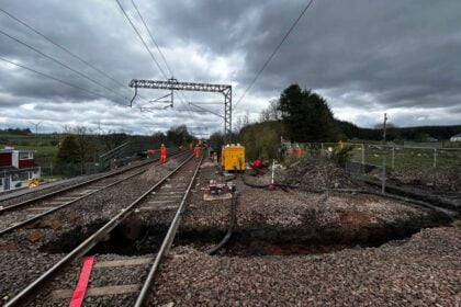 The sinkhole which has appeared on the railway line