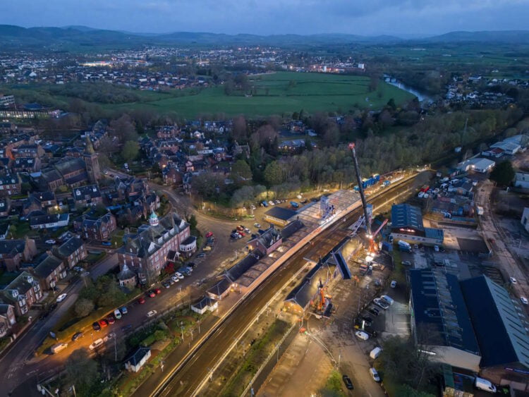 Aerial view during installation of the Access for All footbridge and lifts at Dumfries. // Credit: Network Rail